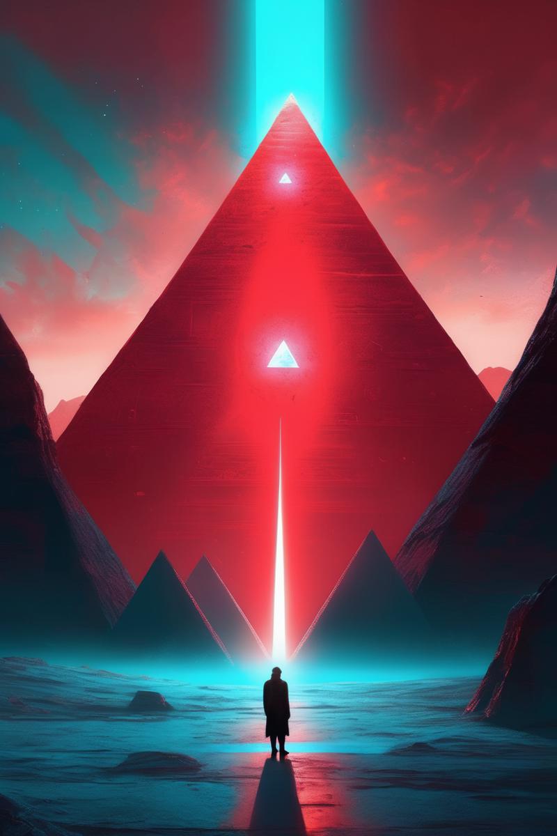 00347-1968240421-_lora_Christopher Balaskas Style_1_Christopher Balaskas Style - some pyramids, a man standing in front of them, and a bright lig.png